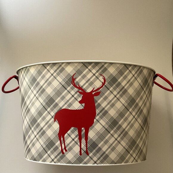 REINDEER OVAL METAL BUCKET CHRISTMAS DECOR - Picture 3 of 8